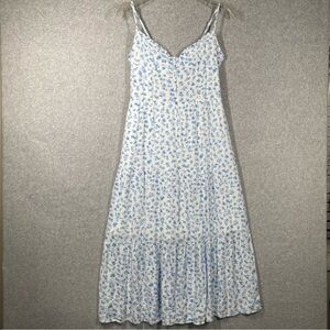 Dee Elly Blue Floral Corset Tiered Midi Dress Boho Country Cottage Soft Size M